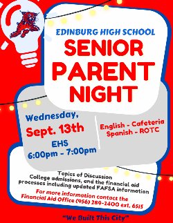 Senior Parent night is September 13th from 6-7pm. Topics include FAFSA updates